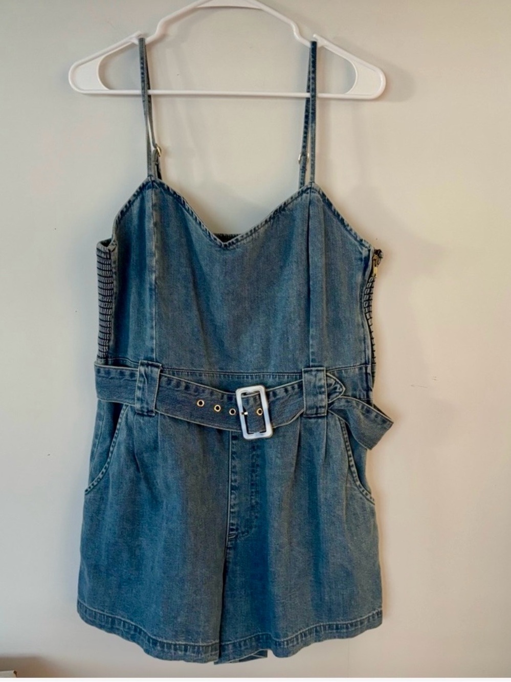 Show Me Your MuMu Denim Belted Romper in Blue